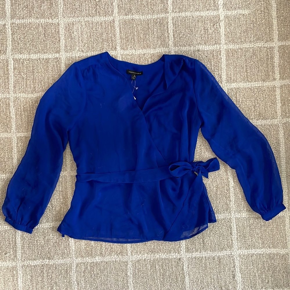NWT Banana Republic Sheer Swiss Dot Wrap Top in Bright Blue
